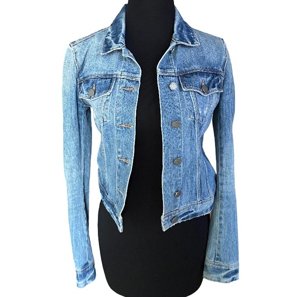 Paige cropped denim blue button down cotton collared jacket size small - Picture 1 of 8